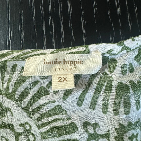 Haute Hippie Style Green White Boho Print Ruffle Sleeve Blouse 2X - Picture 3 of 5